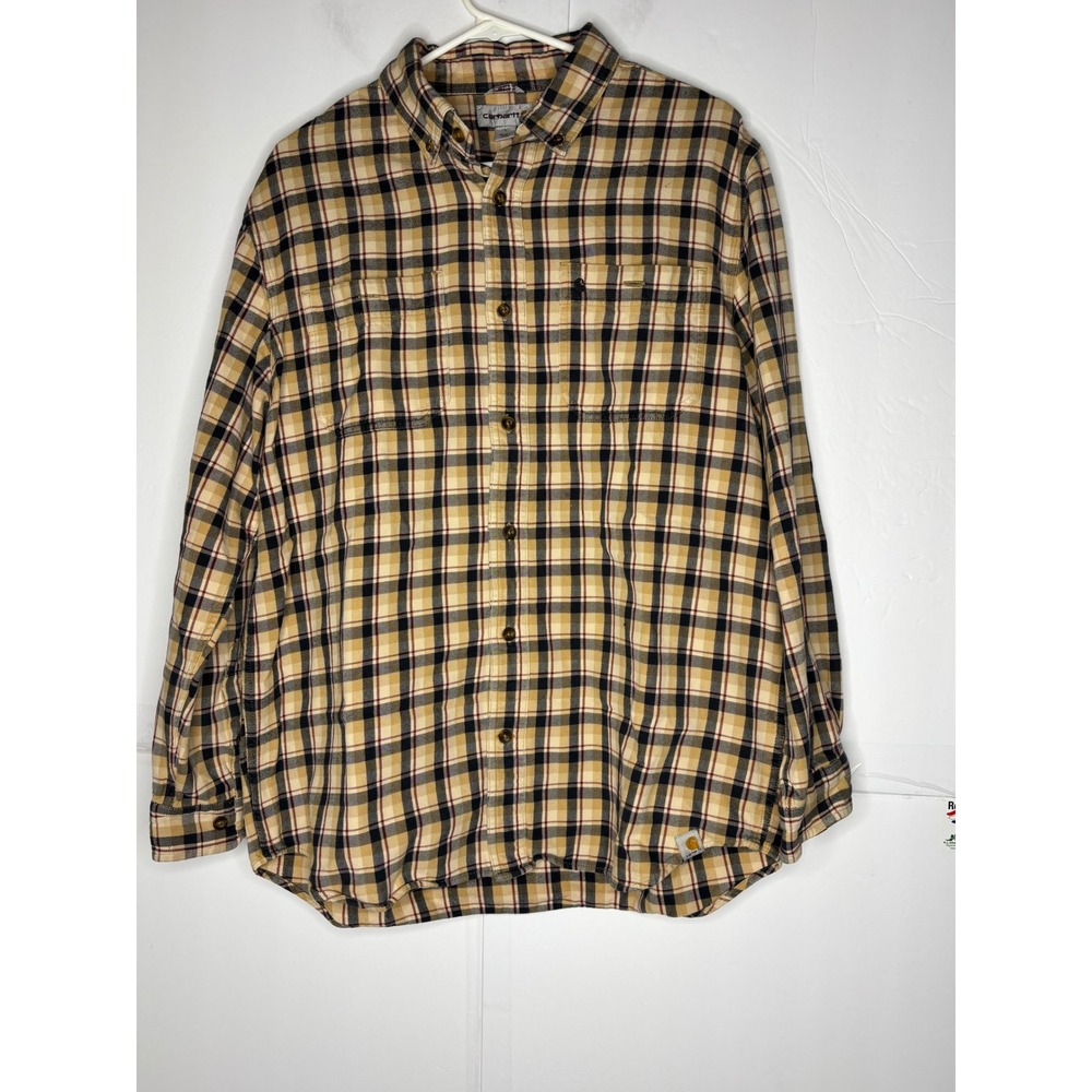 Carhartt Mens Relaxed Fit Plaid‎ Flannel Button Down Shirt Tan Multicolor Large